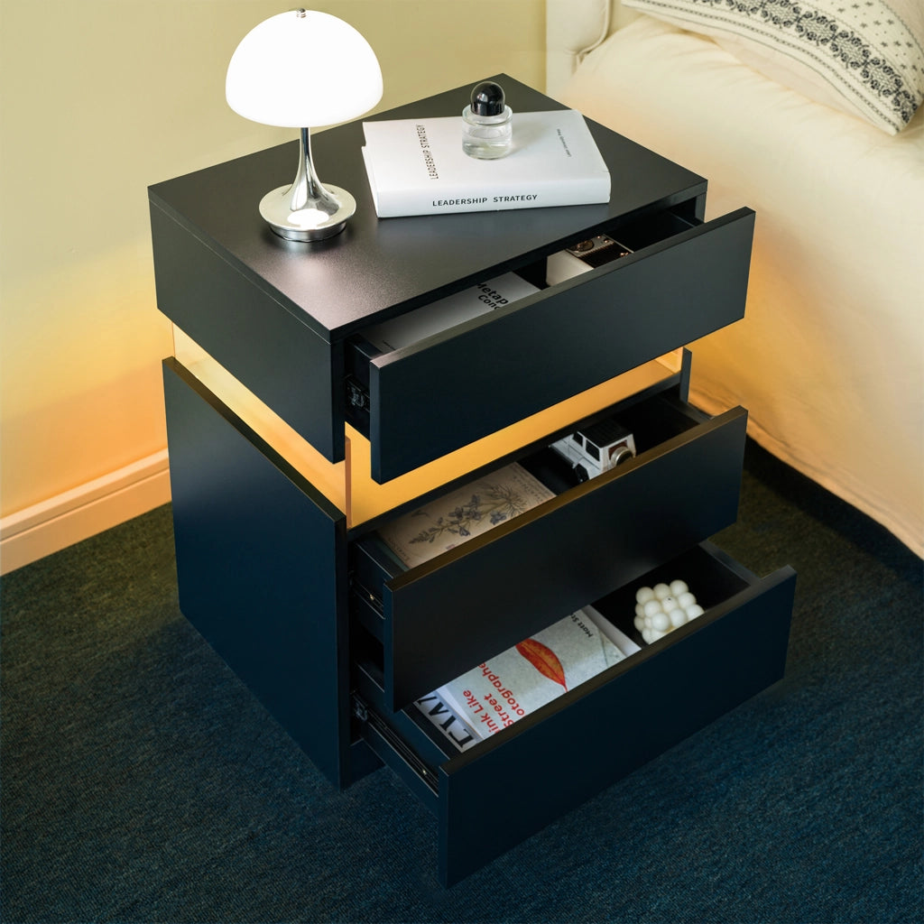 Comodino con LED e 3 cassetti, in legno ingegnerizzato, per camera da letto e soggiorno, nero, 60 × 46 × 22 cm