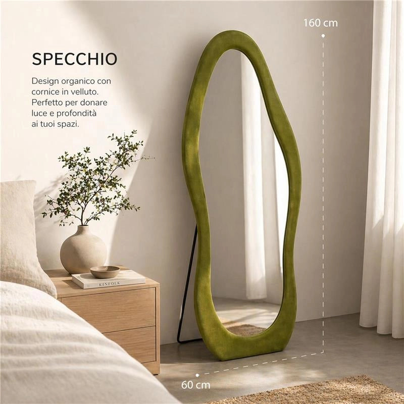 SPECCHIO ONDA IN VELLUTO VERDE CON PIEDE E GANCI PER APPENDERE MISURE: 60X160 CM