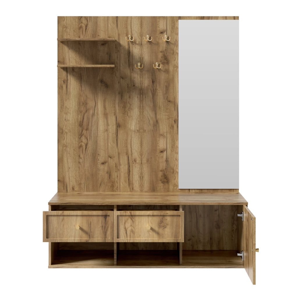 Guardaroba ingresso 120x35x159 cm con specchio; 5 ganci e 2 cassetti; effetto legno naturale