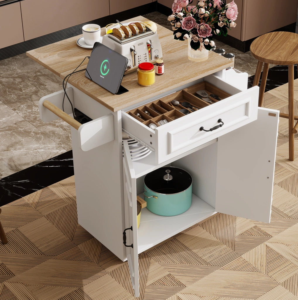 Carrello cucina 66x40(60)x90 cm con piano pieghevole; cassetto e ruote in MDF bianco