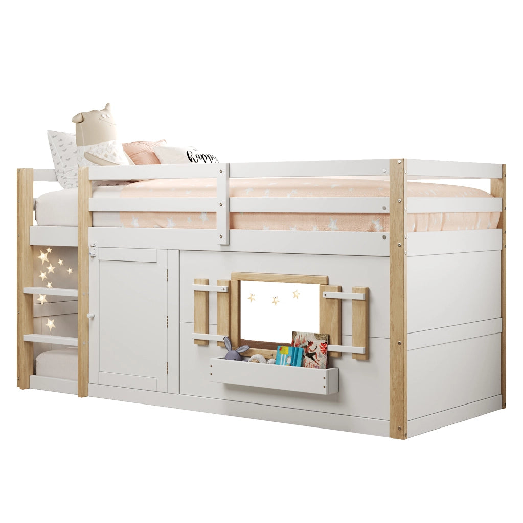 Letto a soppalco per bambini 90x200 cm in legno massello, bianco, con rete