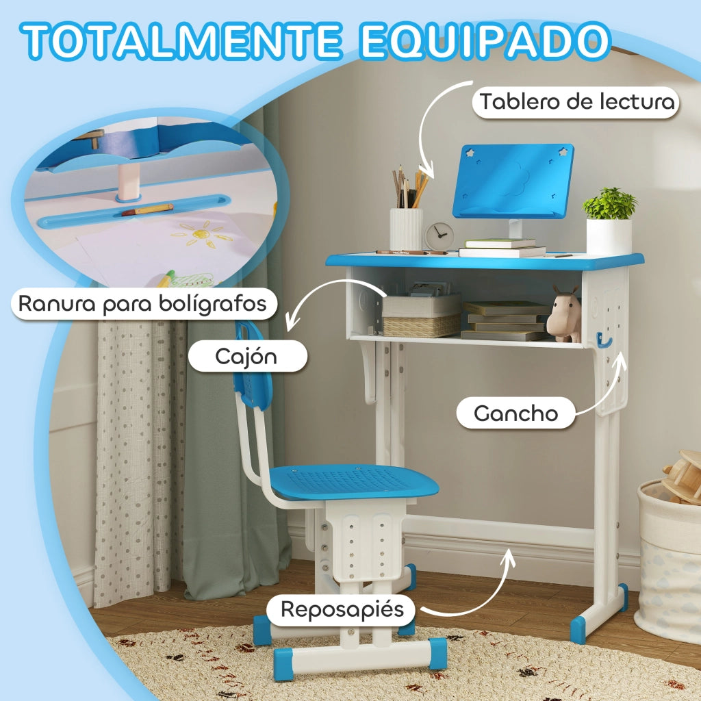 Scrivania per Bambini con Sedia Regolabile ¨C zephmum ¨C Blu 60x45x90-102 cm