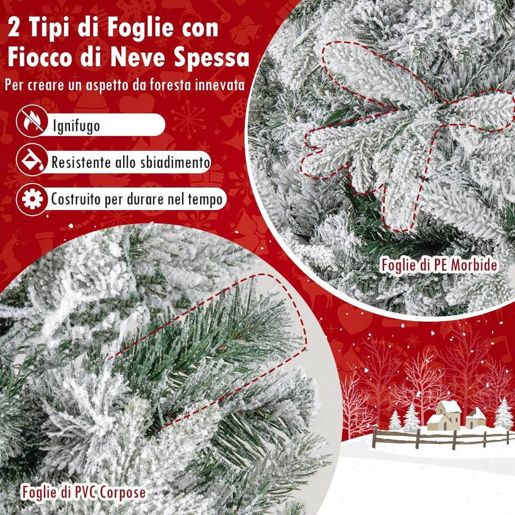 Albero di Natale Artificiale Innevato Metà 180 cm Pre-illuminato | Albero di Natale con 180 Luci LED Bianche Calde e Multicolori, 9 Modalità, 652 Punte di Rami in PE & PVC e Telecomando