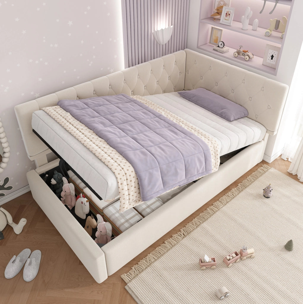 Letto singolo a L con contenitore idraulico 90x190 cm in velluto beige