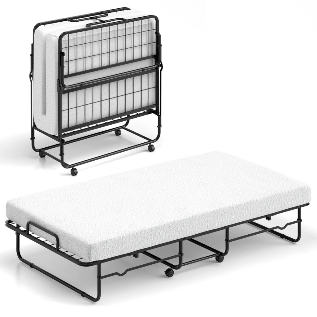 Letto pieghevole con materasso e struttura in metallo-Letto singolo portatile con ruote bloccare per ospiti