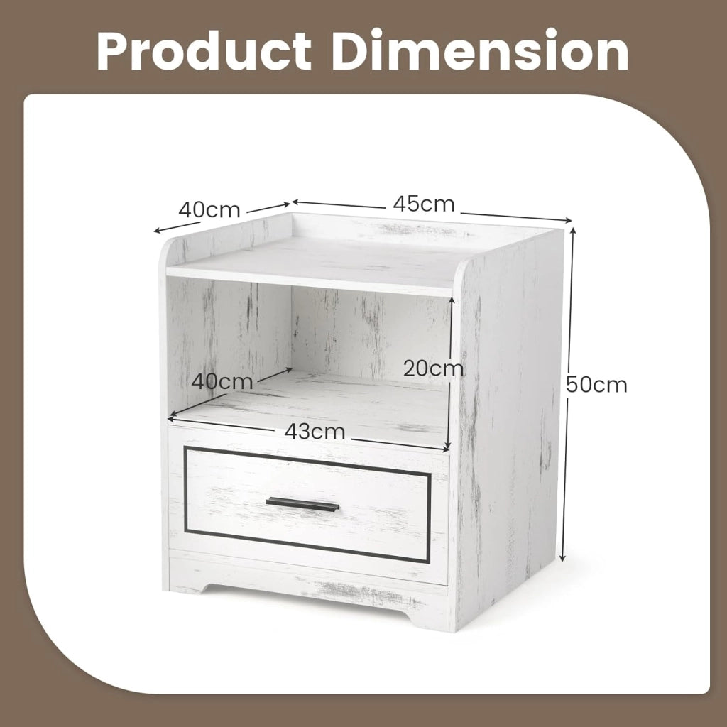 Comodino con Luce a LED(3 colori) e Cassetto, Tavolino da Divano con 2 Porte USB, Tavolino da Caffè con Sensore di Movimento, 45x40x50 cm, Bianco