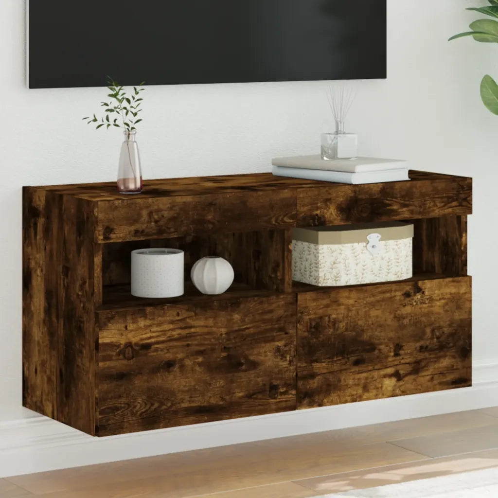 Mobile TV a Parete con Luci LED Rovere Fumo 80x30x40 cm 837205