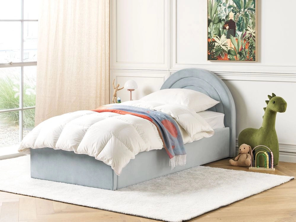 Letto con Contenitore in Velluto azzurro, Misura Singola 90 x 200 cm Design Minimalista Retro con Testiera a Mezza Luna con contenitore
