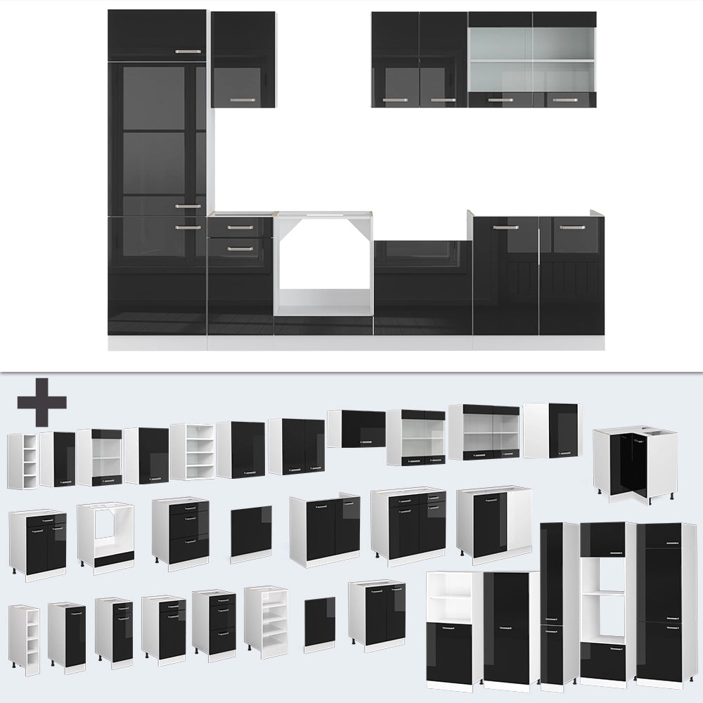 Vicco Cucina componibile Nero lucido/bianco 300 cm senza piano di lavoro