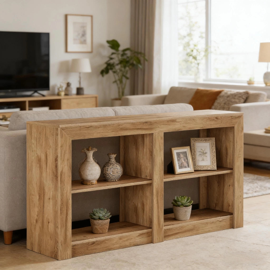 Consolle con 3 ripiani aperti e vano inferiore a 4 scomparti, per ingresso, in MDF, marrone, 150 × 35 × 85 cm
