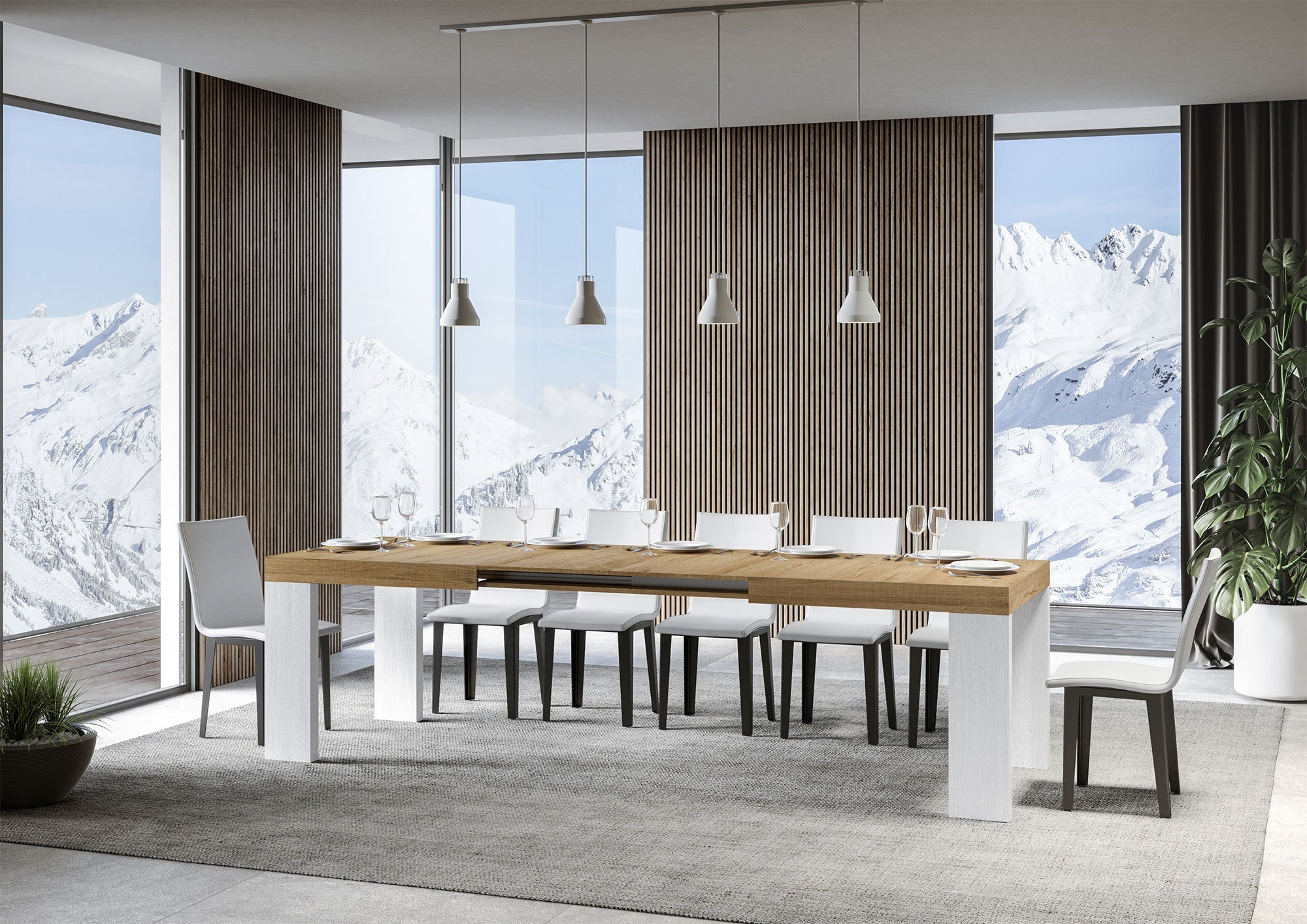 Tavolo Allungabile 160/420x90x77 cm Roxell Mix piano Quercia Natura gambe Bianco Frassino