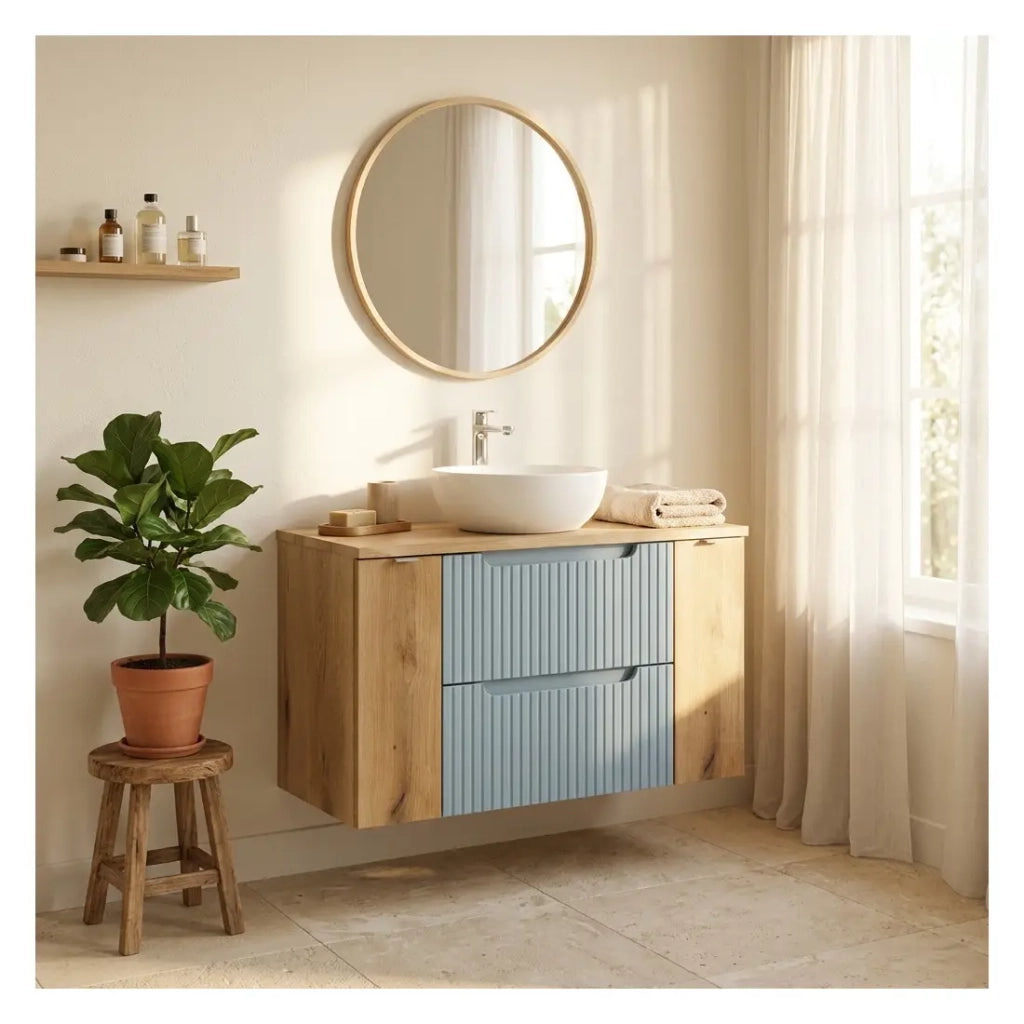Insieme sospeso VANO blu denim e rovere chiaro 100cm: mobili sotto lavabo con cassetti e armadietti + piano per lavabo