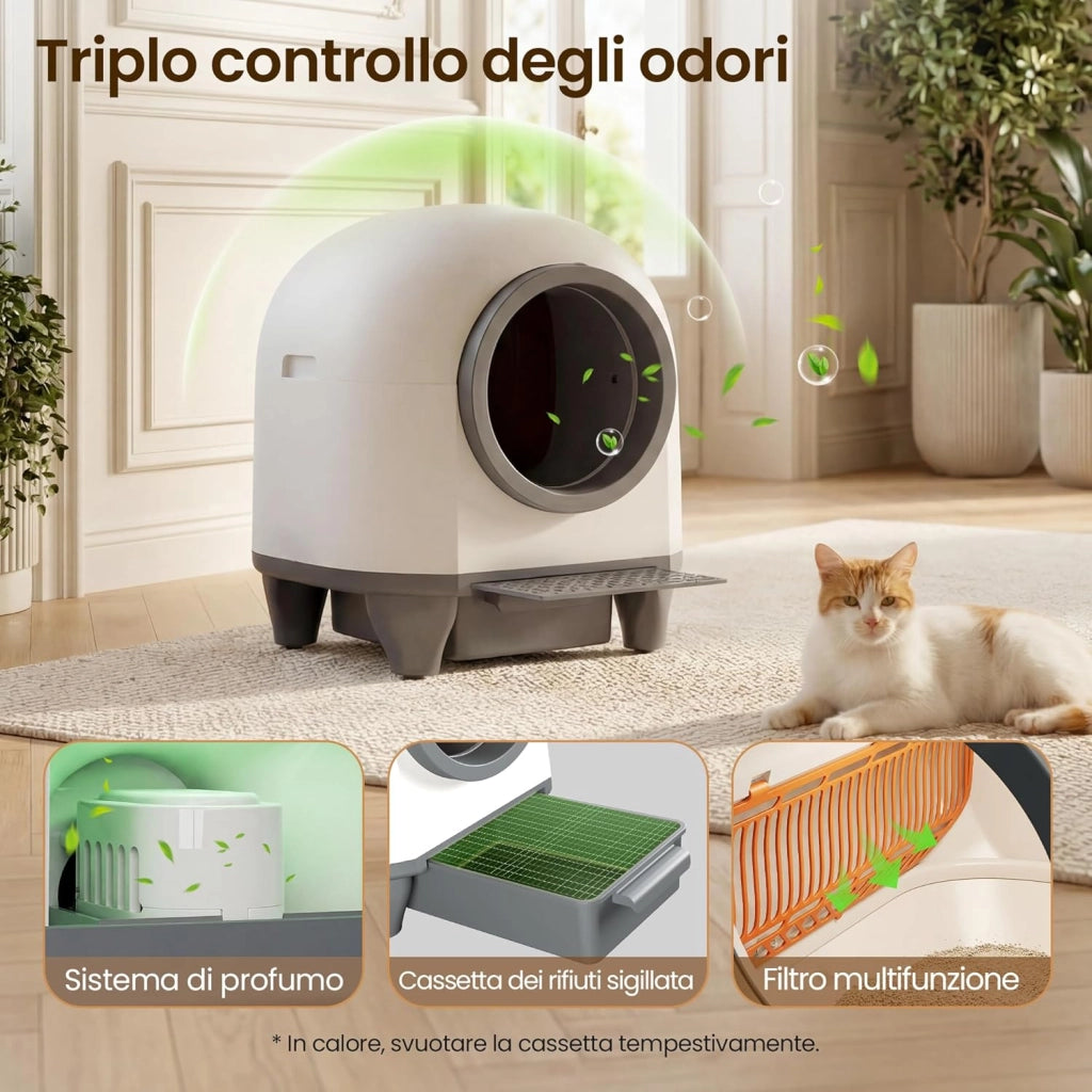 Lettiera Gatto Autopulente con APP, Lettiera Autopulente per Gatti da 90 L con Cassetto Feci da 8,5 L per Oltre una Settimana, Sistema Profumato e Sensore Radar, Adatta a Famiglie con Più Gatti.