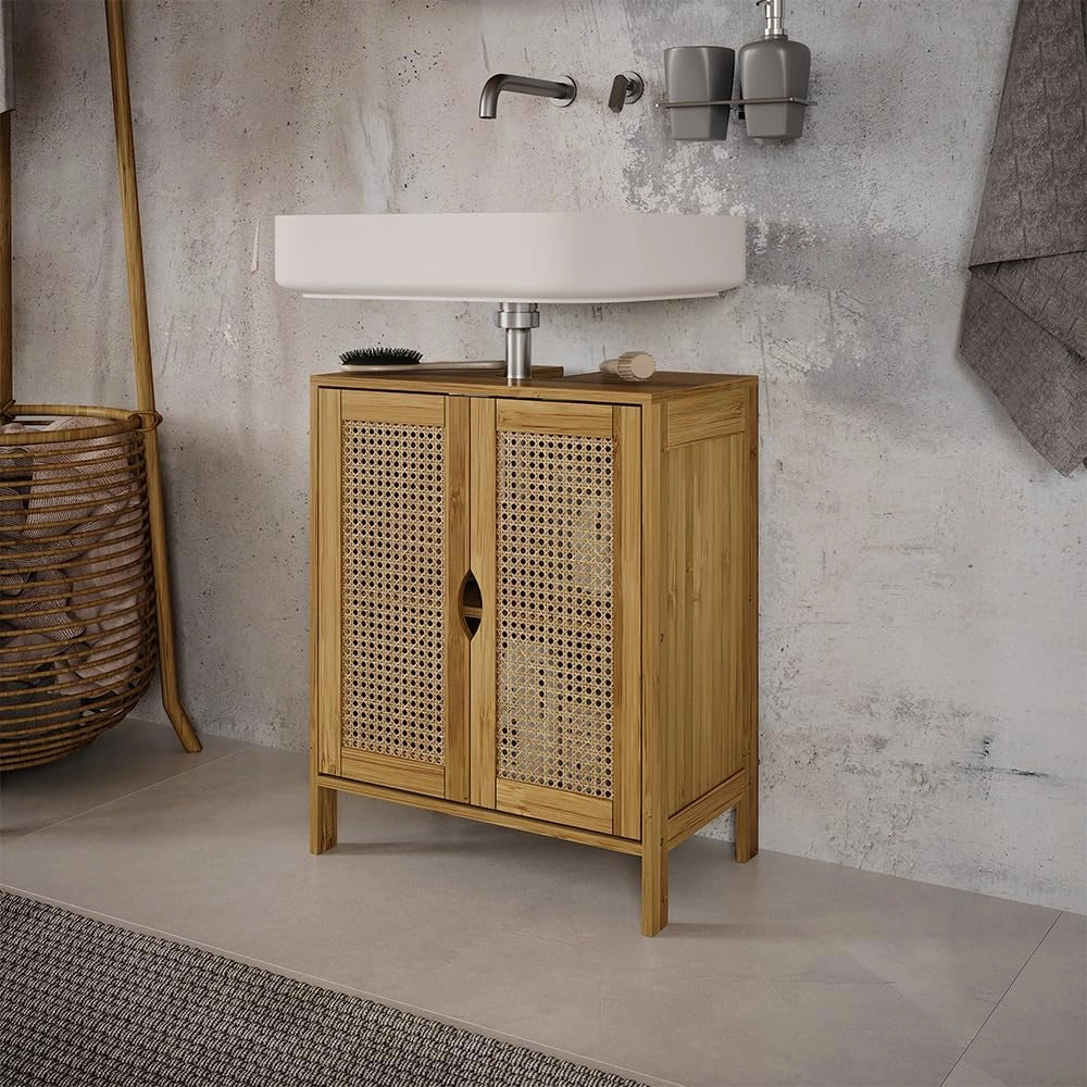Mobiletto per lavabo Liora, Bambù, 48 x 60 cm, per la conservazione di articoli da bagno e asciugamani