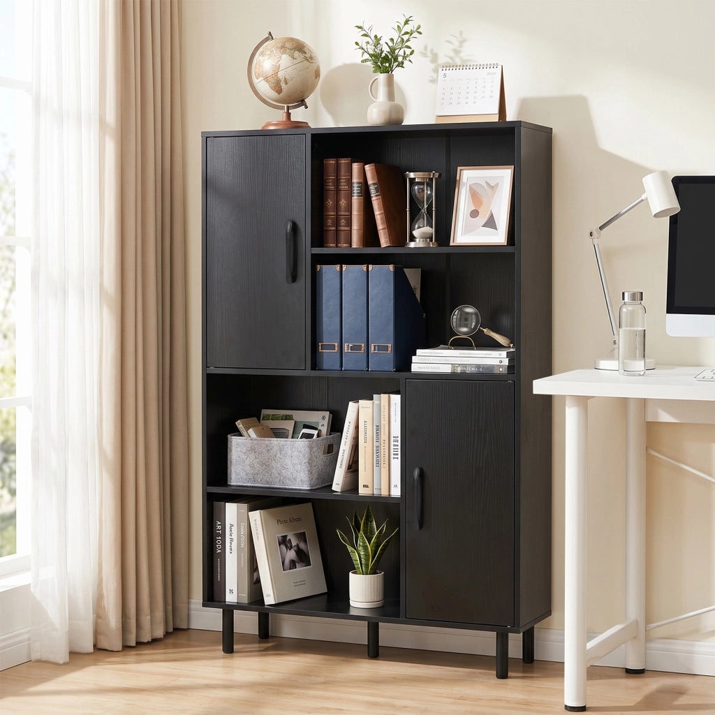Credenza mobile da cucina con 2 ante 4 ripiani aperti e 5 gambe in metallo, Libreria verticale in legno Nero