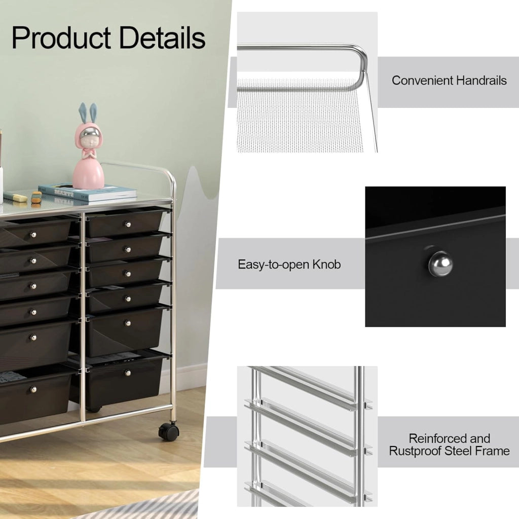 Carrello Portaoggetti con Ruote, 12 Cassetti Rimovibili, Carrello a Rotelle per Soggiorno, Ufficio, Camera da Letto, 64x38x75 cm, 3 Colori