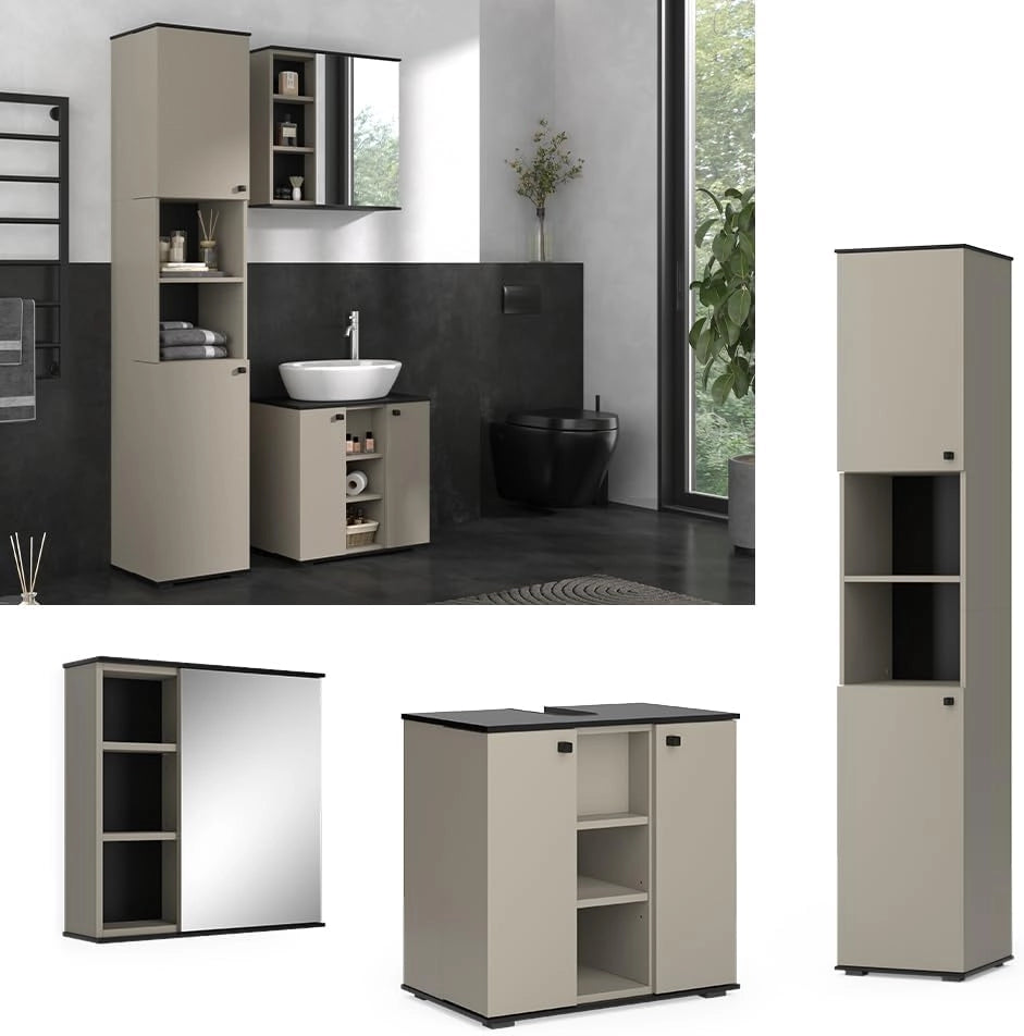 Set di mobili da bagno Joli, Grigio, 60 cm, composto da mobile sottolavabo, specchiera e colonna alta