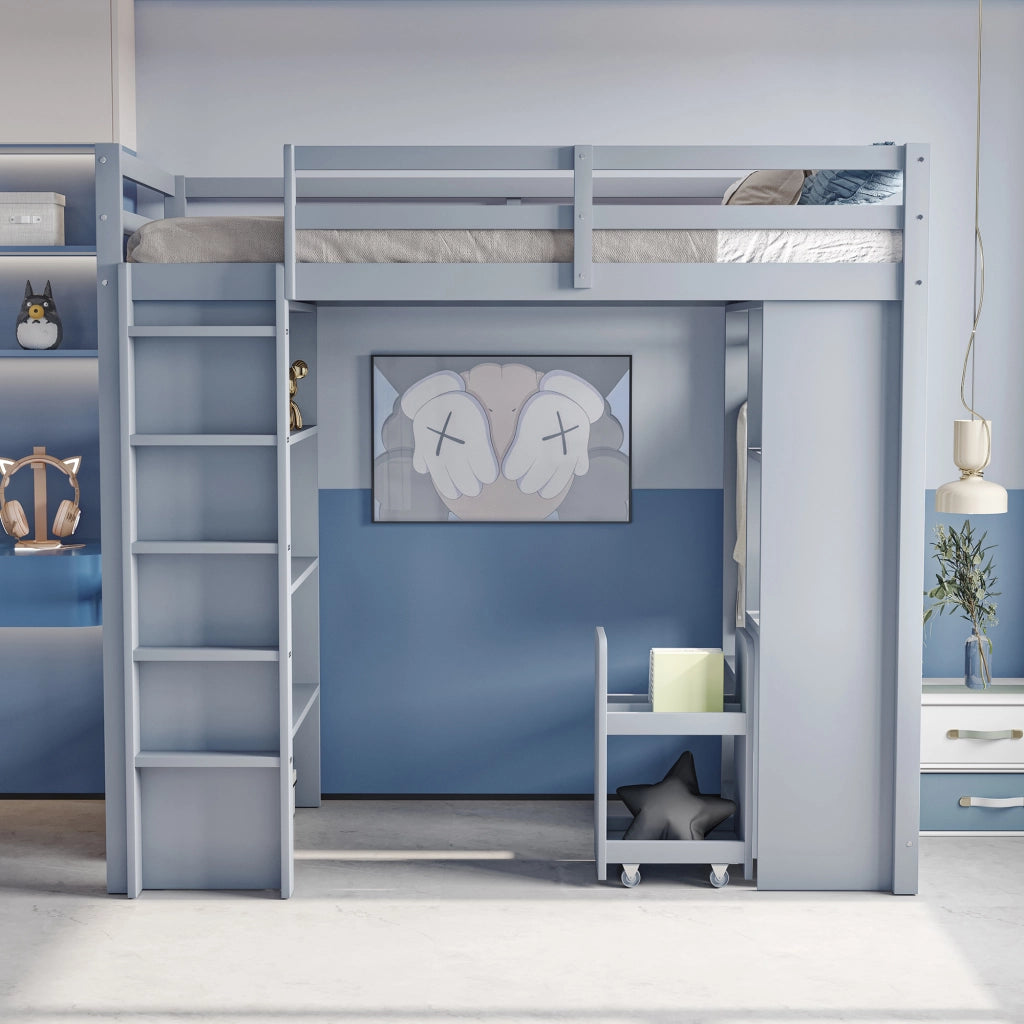 Letto a soppalco singolo 90×200 cm con ripiani; appendiabiti e carrello estraibile; senza materasso; legno; grigio