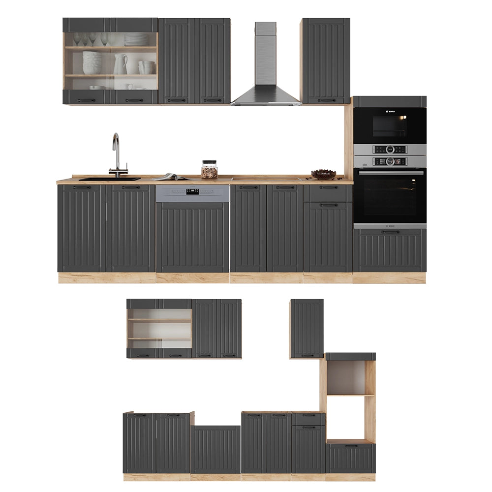 Vicco Cucina componibile Grigio scuro 300 cm con armadio alto, PL Rovere
