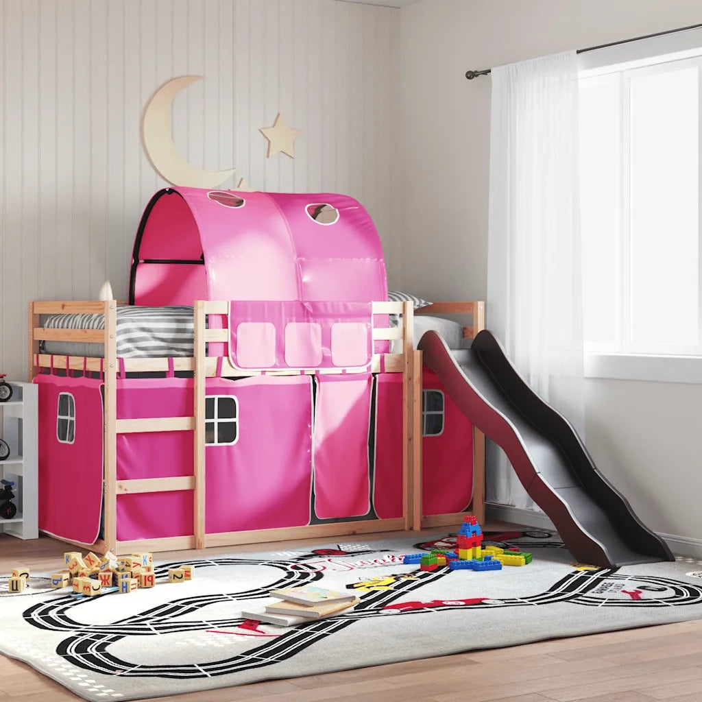 Letto singolo | Letto per adulti | Letto a Castello con Scivolo e Tende Rosa 80x200 cm