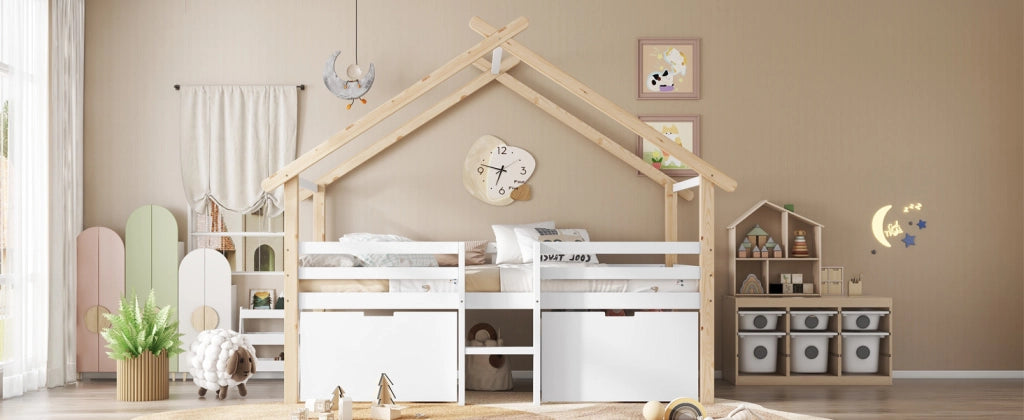 Letto a casa per bambini bianco e naturale in legno massello e MDF con funzione contenitore 90x200 cm