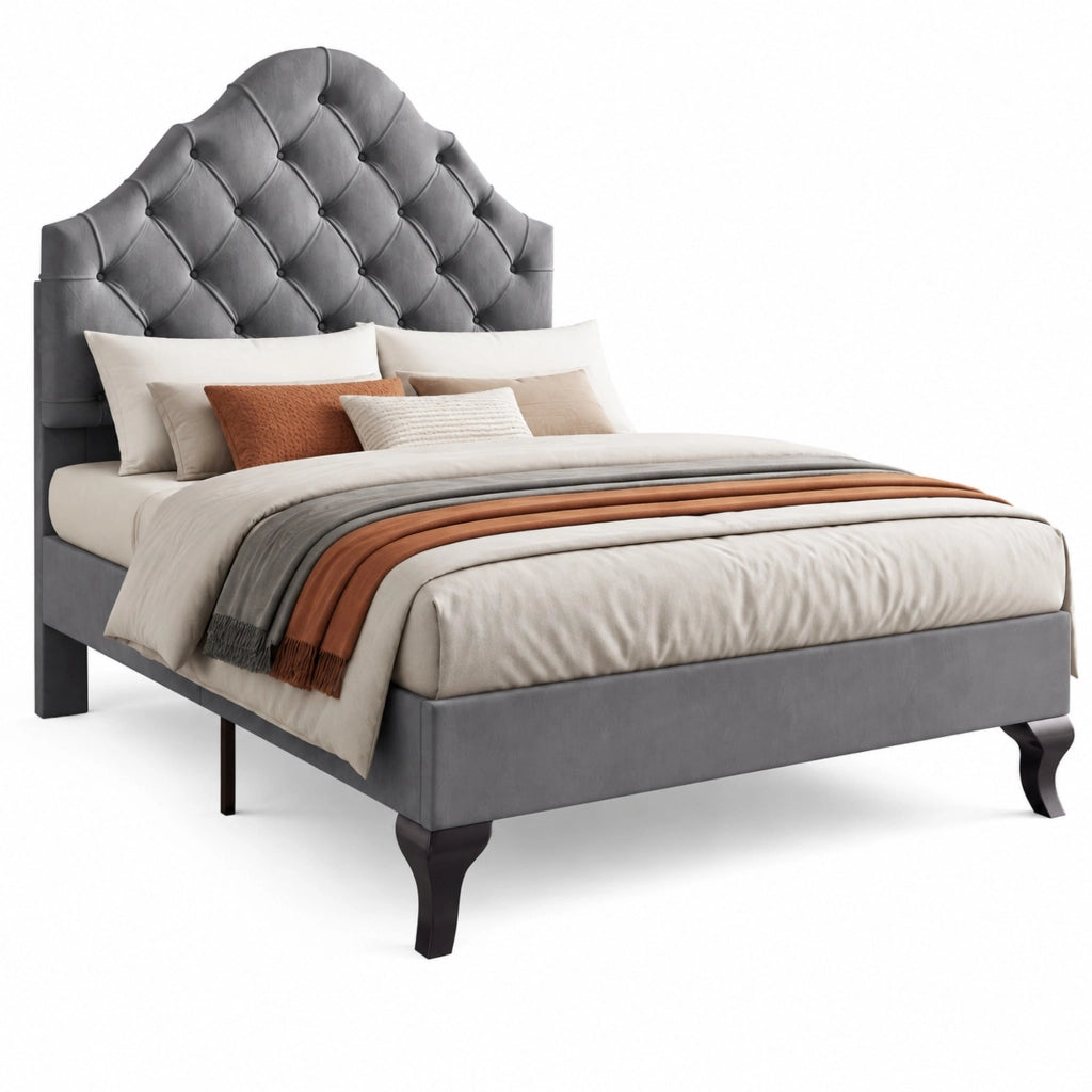 Letto imbottito 90x200 cm in velluto grigio con rete a doghe e testiera regolabile in altezza