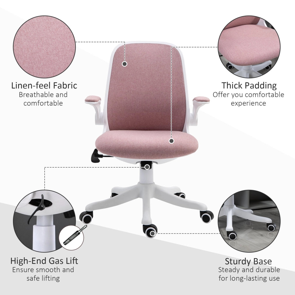 Sedia da Ufficio Ergonomica Altezza Regolabile 62,5x60x94-104 cm in Tessuto Effetto Lino Bianco e Rosa