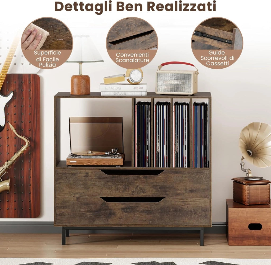 Supporto per Giradischi, Porta Dischi Vinile con 4 Ripiani per Vinili e 2 Cassetti, Armadio per Dischi Fino a 250 Album, per Soggiorno, Studio e Camera da Letto, 91 x 35 x 87 cm (Marrone)