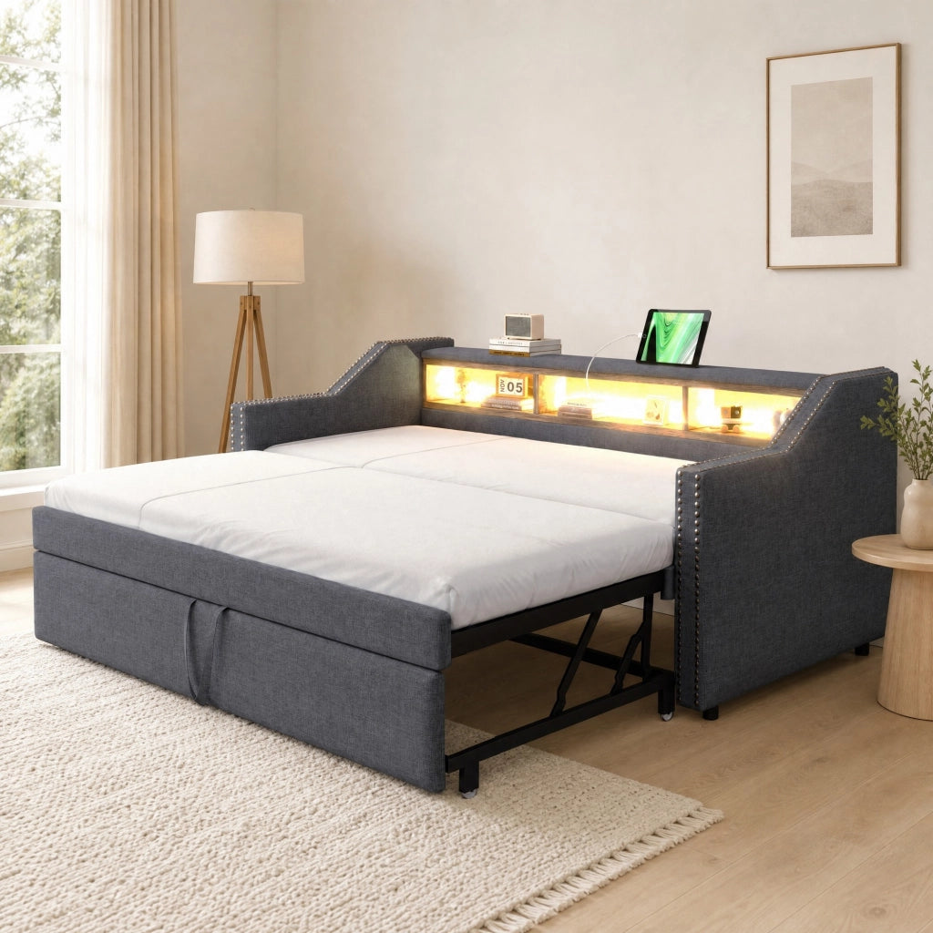Divano letto estraibile 90/180x190 cm con LED; USB e vani laterali; grigio scuro