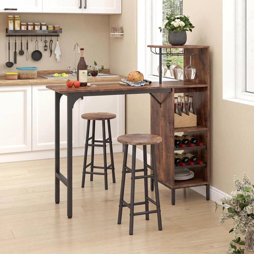 Set 3 Pezzi Tavolo e Sedie da Bar, Tavolo e Sgabelli da Pub Industriale con Porta Calici e 6 Portabottiglie da Vino, Set di Tavolo per Sala da Pranzo, Ristorante e Bar (Caffè)
