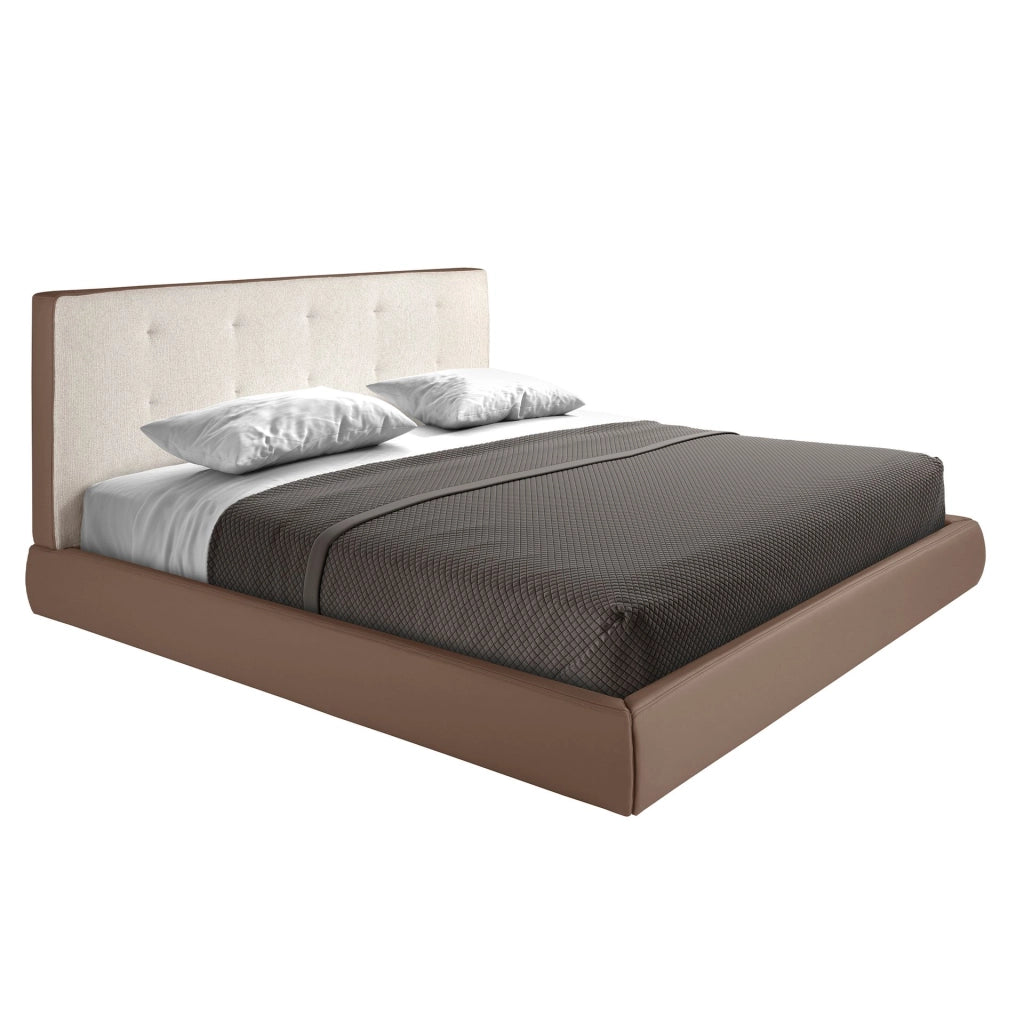 Letto imbottito in tessuto marrone ed similpelle marrone