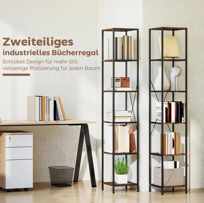 Libreria set da 2 30x30x174，5 cm marrone rustico， 6 ripiani， salvaspazio