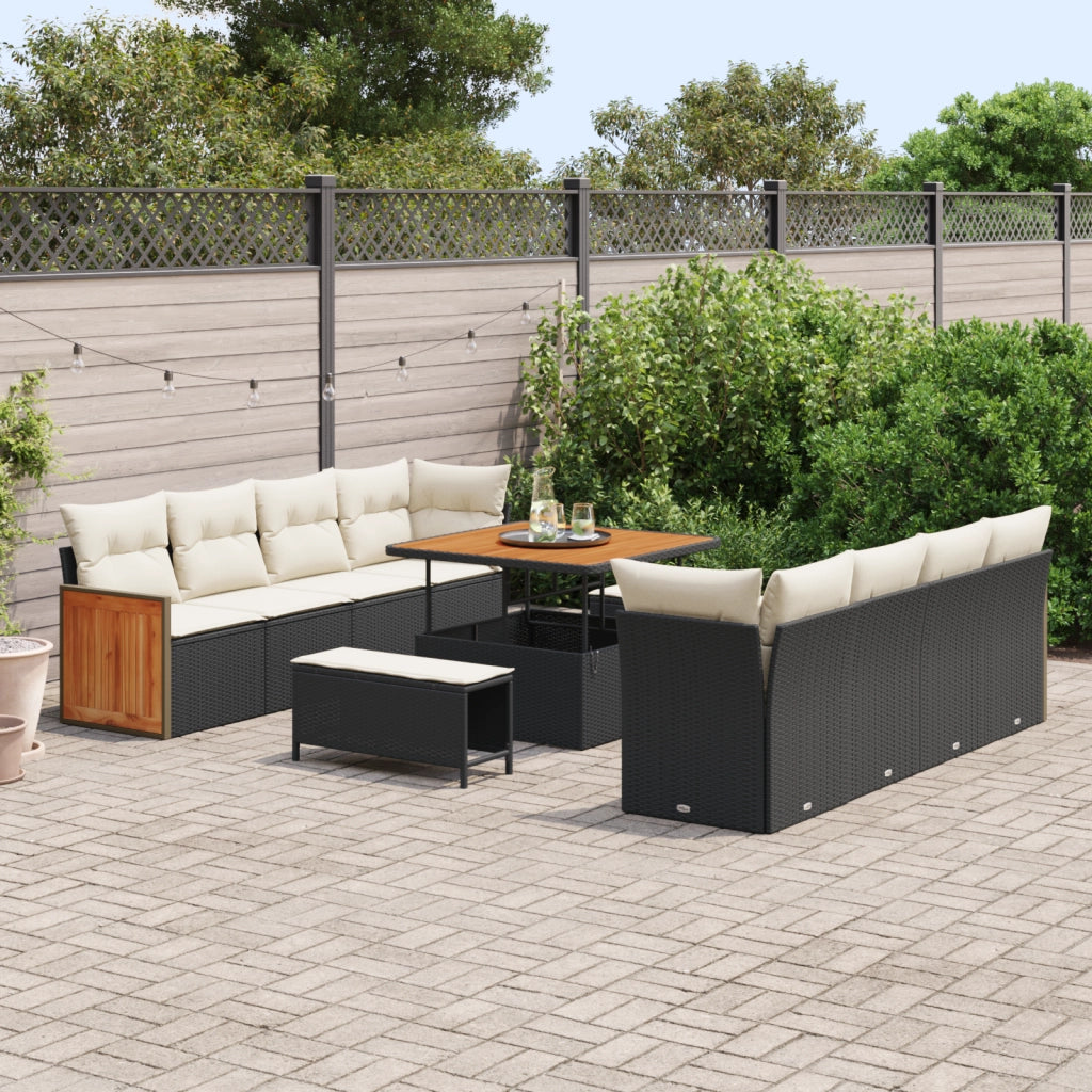 Set di Divani da Giardino  con 11 Pezzi e Cuscini Nero Polyrattan Acacia