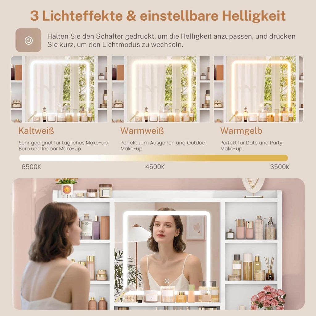 Toeletta da Trucco con Specchio, Toeletta con Luce LED, 3 Colori, Luminosità Regolabile, Postazione Trucco con 9 Cassetti e 6 Ripiani Aperti, Stile europeo elegante, Bianco