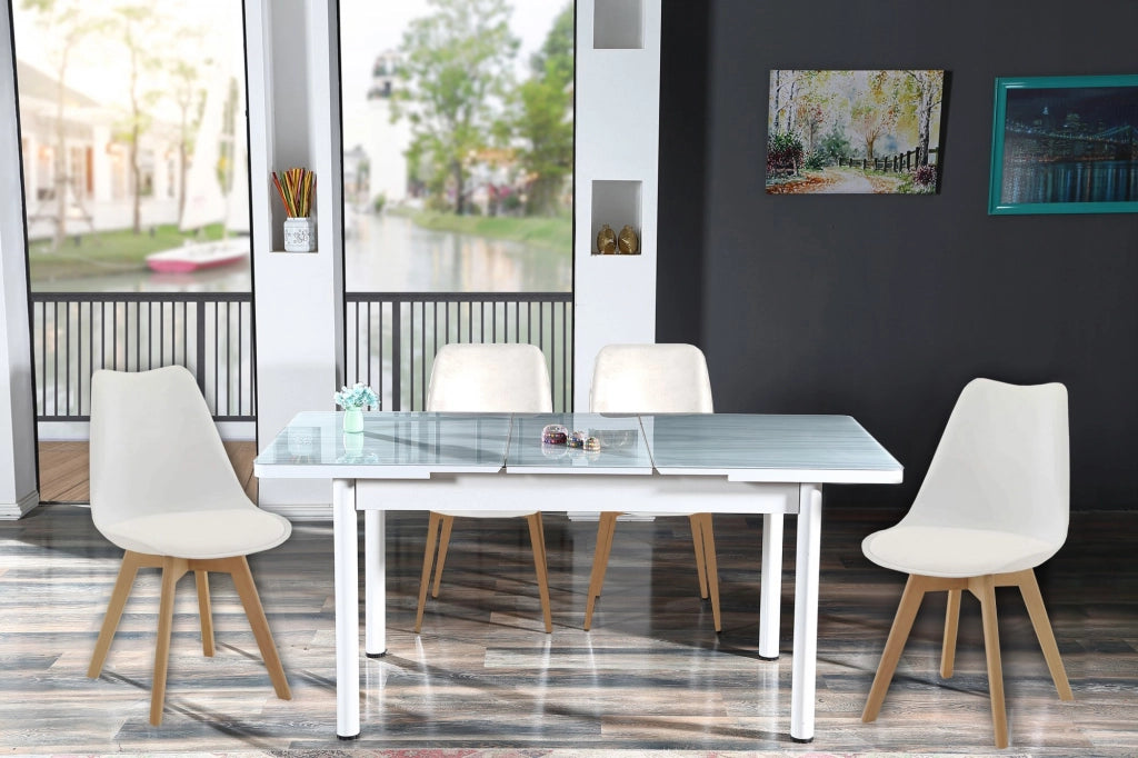 Tavolo da sala bianco allungabile in vetro temperato grigio 130-170cm con 4 sedie e cuscini Sicorage LEGRES