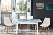 Tavolo da sala bianco allungabile in vetro temperato grigio 130-170cm con 4 sedie e cuscini Sicorage LEGRES