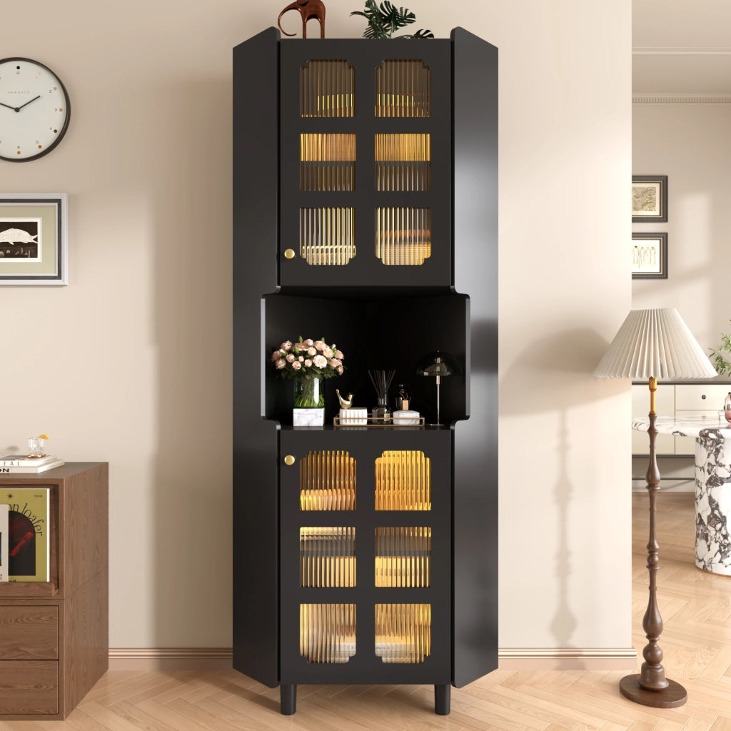 Armadietto angolare con LED e 2 ante in MDF laccato nero con ripiano aperto per soggiorno bagno e camera 63,5 × 157,5 cm