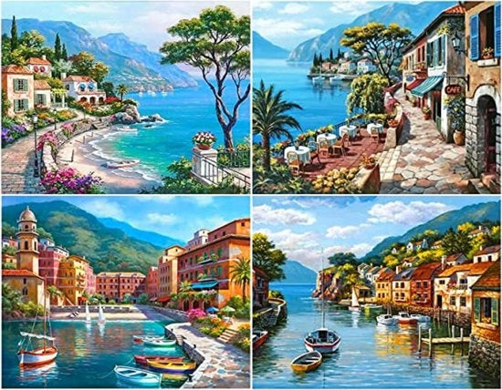 Set di Pianificazione con Diamanti 3D 30x40 cm – 4 Opzioni di Arte Fai da Te con Diamanti (Città al Mare)