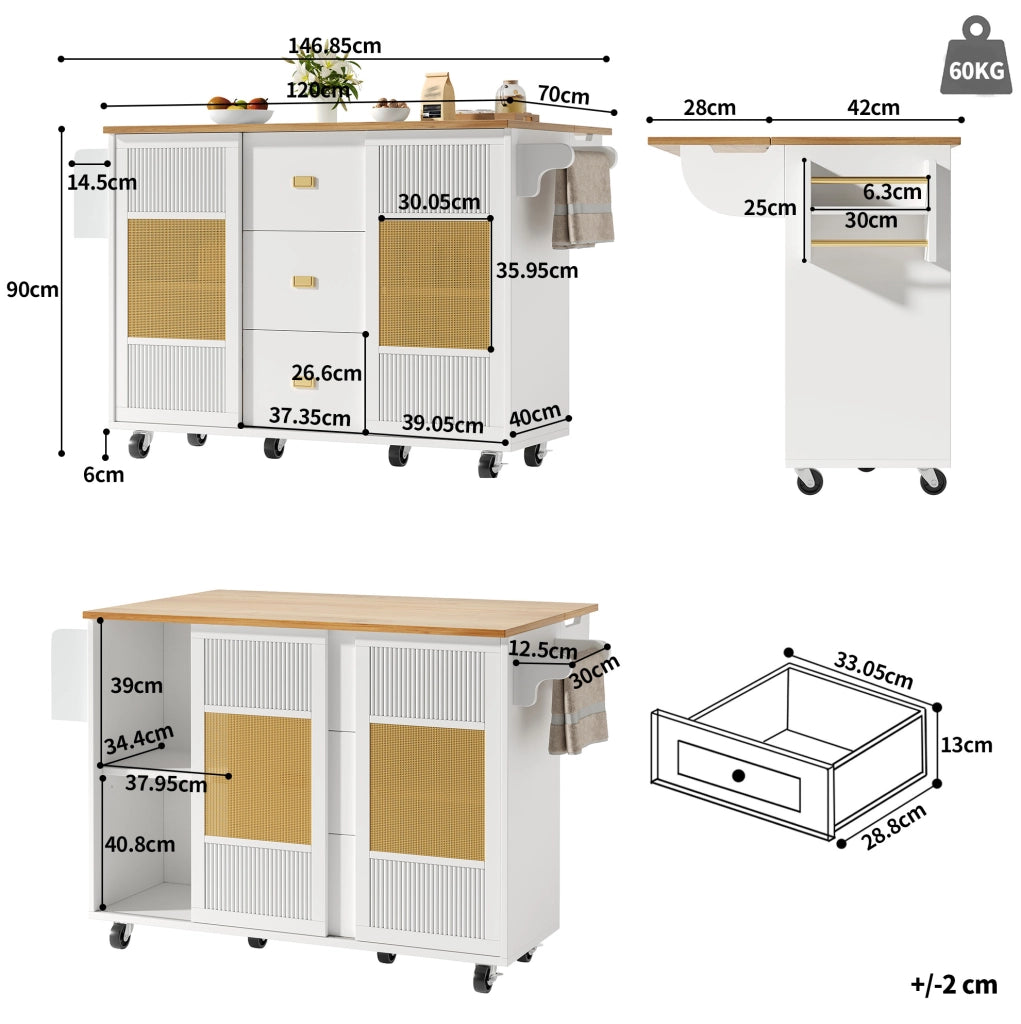 Isola da cucina pieghevole con ruote 146,85x70x90 cm bianca