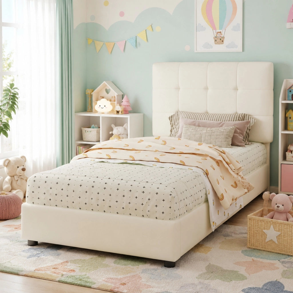 Polsterbett per bambini 90x200 cm con testiera a forma di biscotto; beige