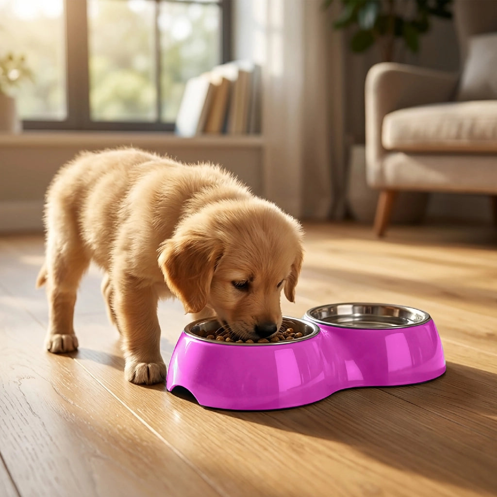 Ciotola Doppia per Cani e Gatti con 2 Vaschette in Acciaio Inox da 0,8 L, Dispenser Acqua e Cibo, Base in Plastica Resistente, 20,5 x 20,5 x 6 cm Viola