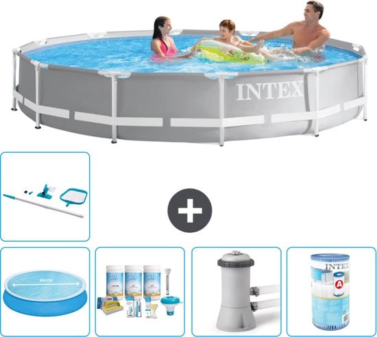 Piscina Rond Prisma in Acciaio - 366 x 76 cm - Grigio - Inclusa Tenda Solare - Kit di Manutenzione - Pompaggio Piscina - Filtro - Kit di Pulizia