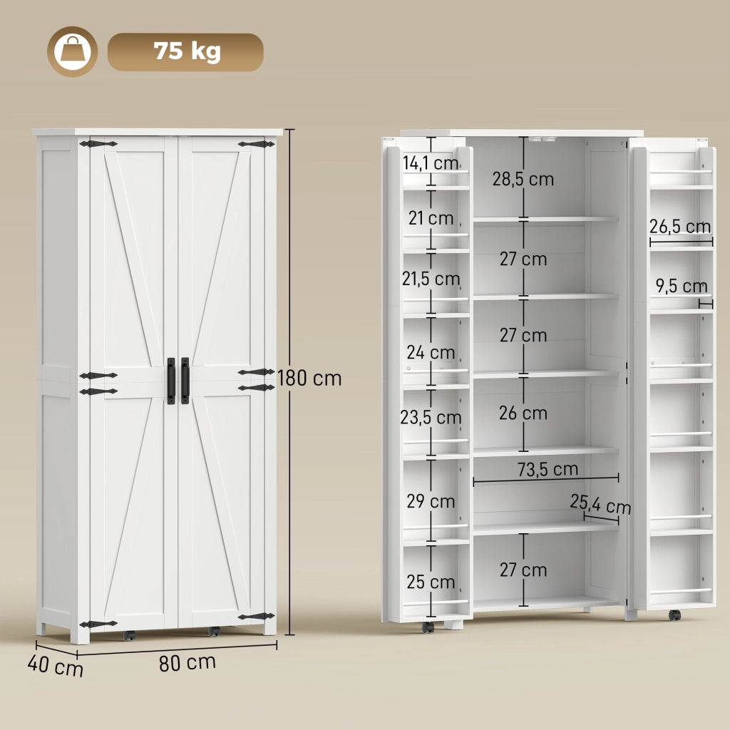 Armadio da cucina ¨C zephmum ¨C 2 ante con ruote, 6 scomparti, 14 portarack, ripiani regolabili, bianco