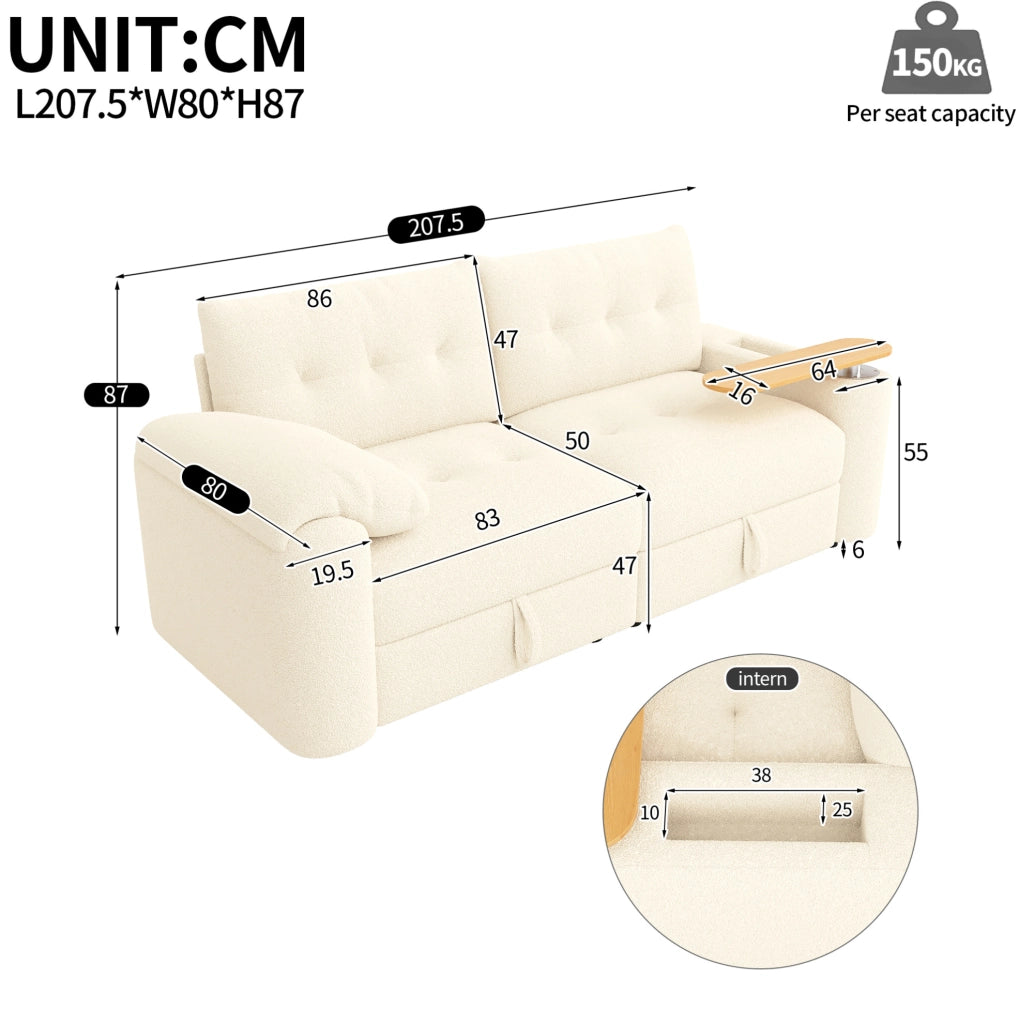 Divano modulare 2 posti con tavolino integrato e contenitore in teddy beige
