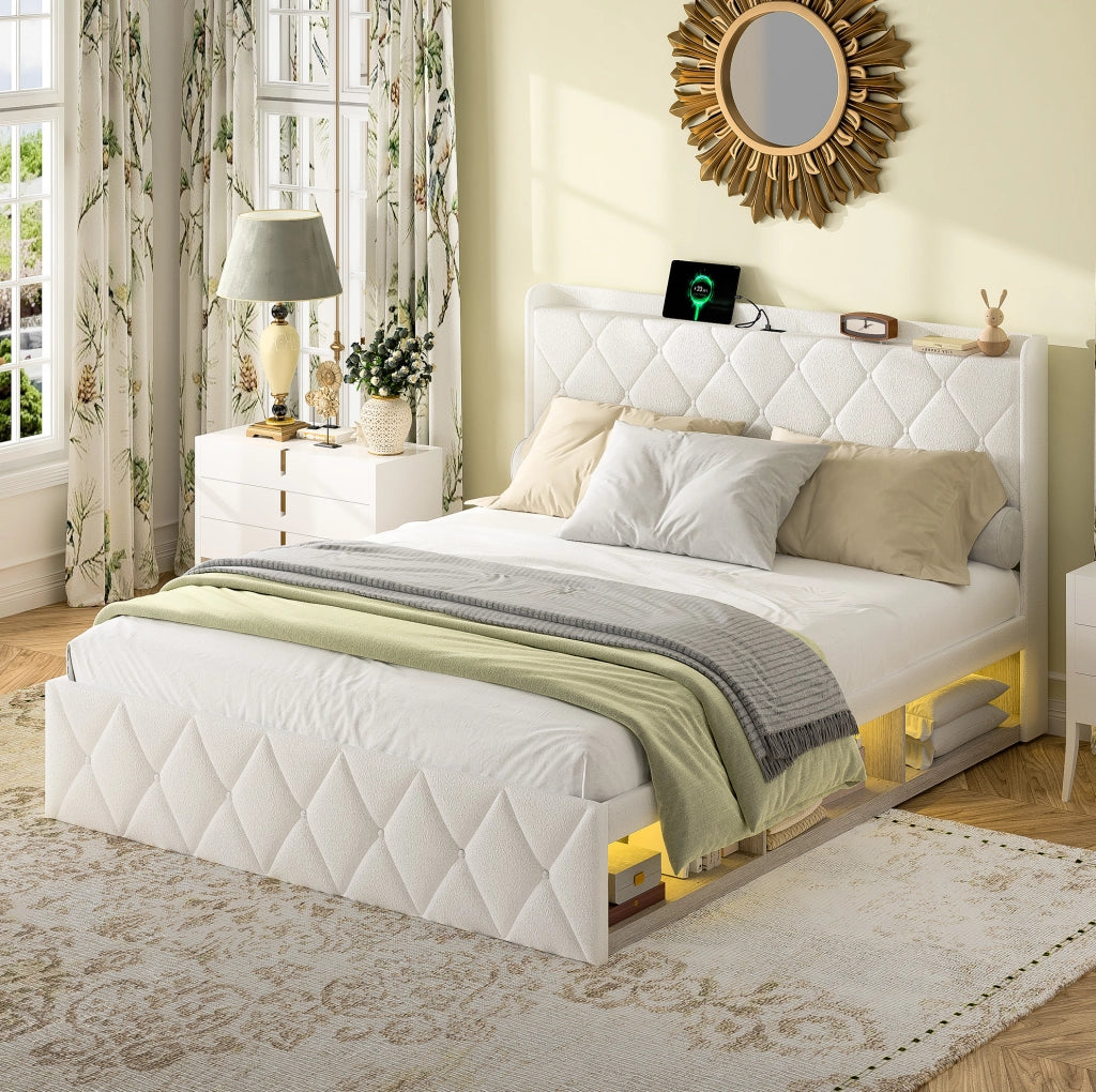 Letto matrimoniale 140x200 cm Teddy bianco con LED e USB