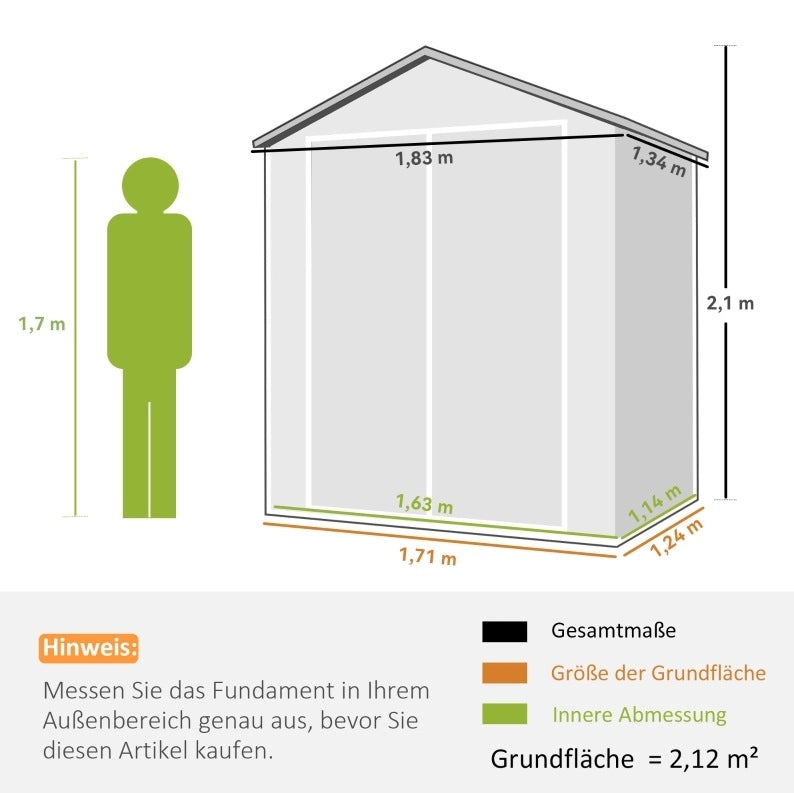 Capanno da giardino con porta doppia e serratura 183 x 134 x 210 cm; grigio; in alluminio