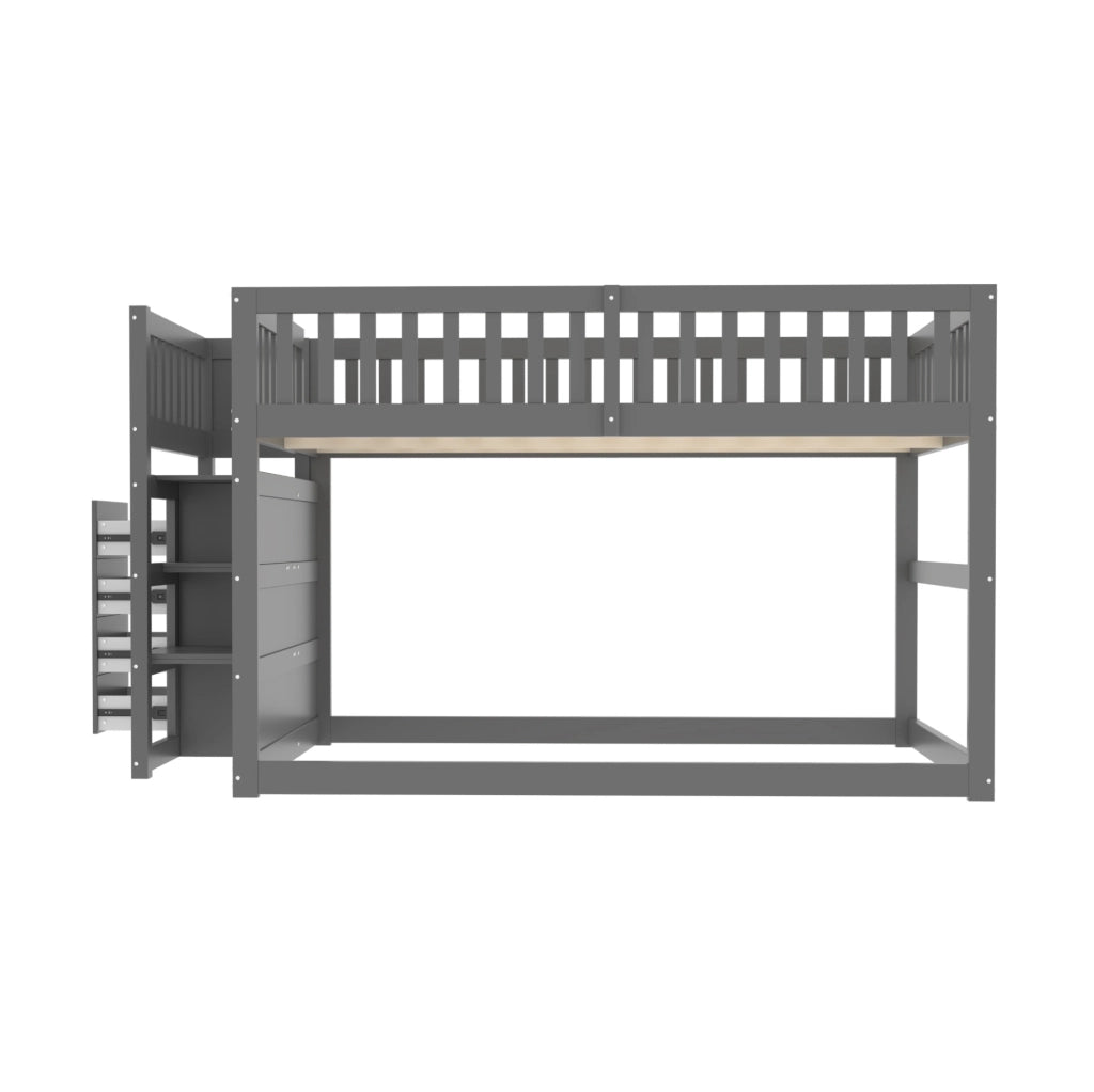 Letto a castello 140x200 cm con scala; 4 cassetti e sponda alta in legno grigio