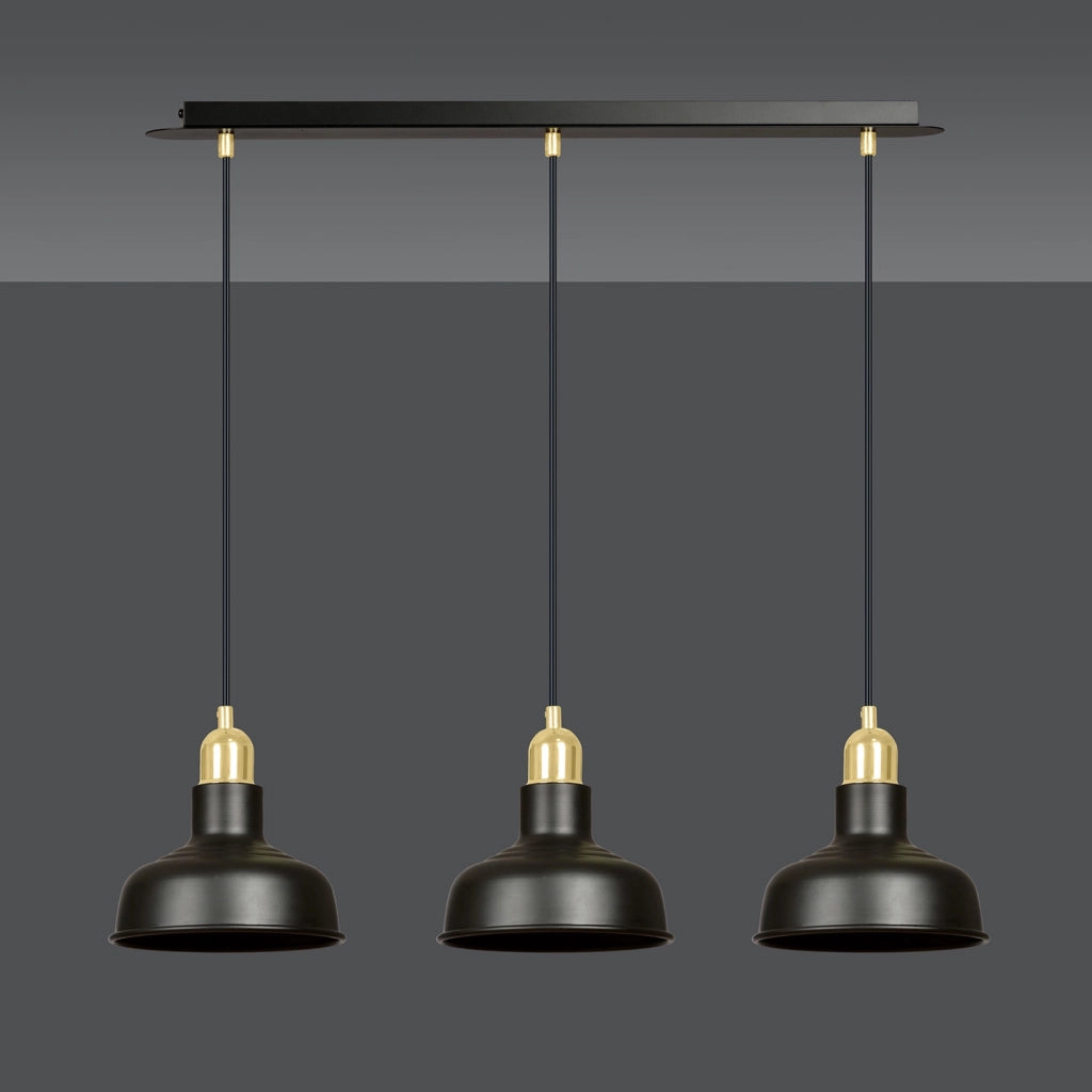 Lampadario Industrial 3 Luci Dhanapati Acciaio Nero Con Elementi In Oro