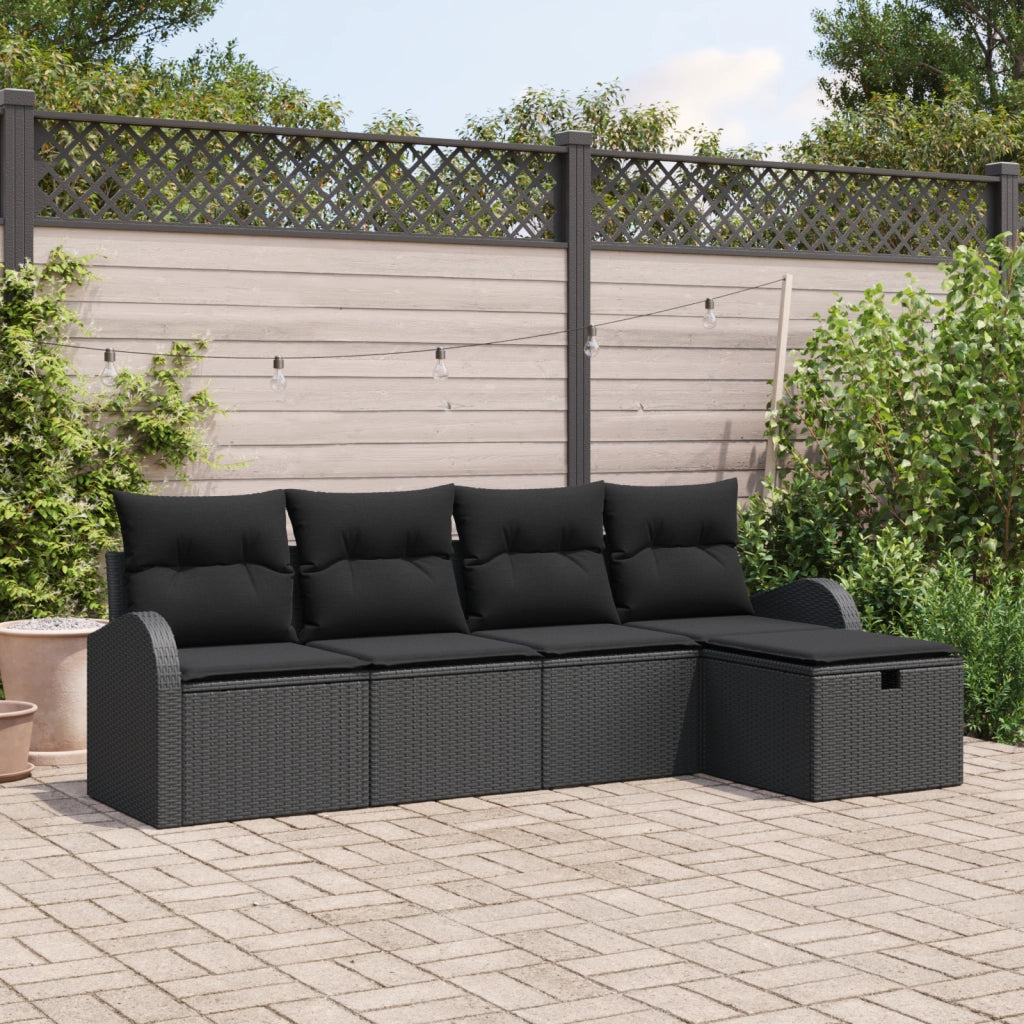 Set Divano da Giardino  con Cuscini Nero Polyrattan