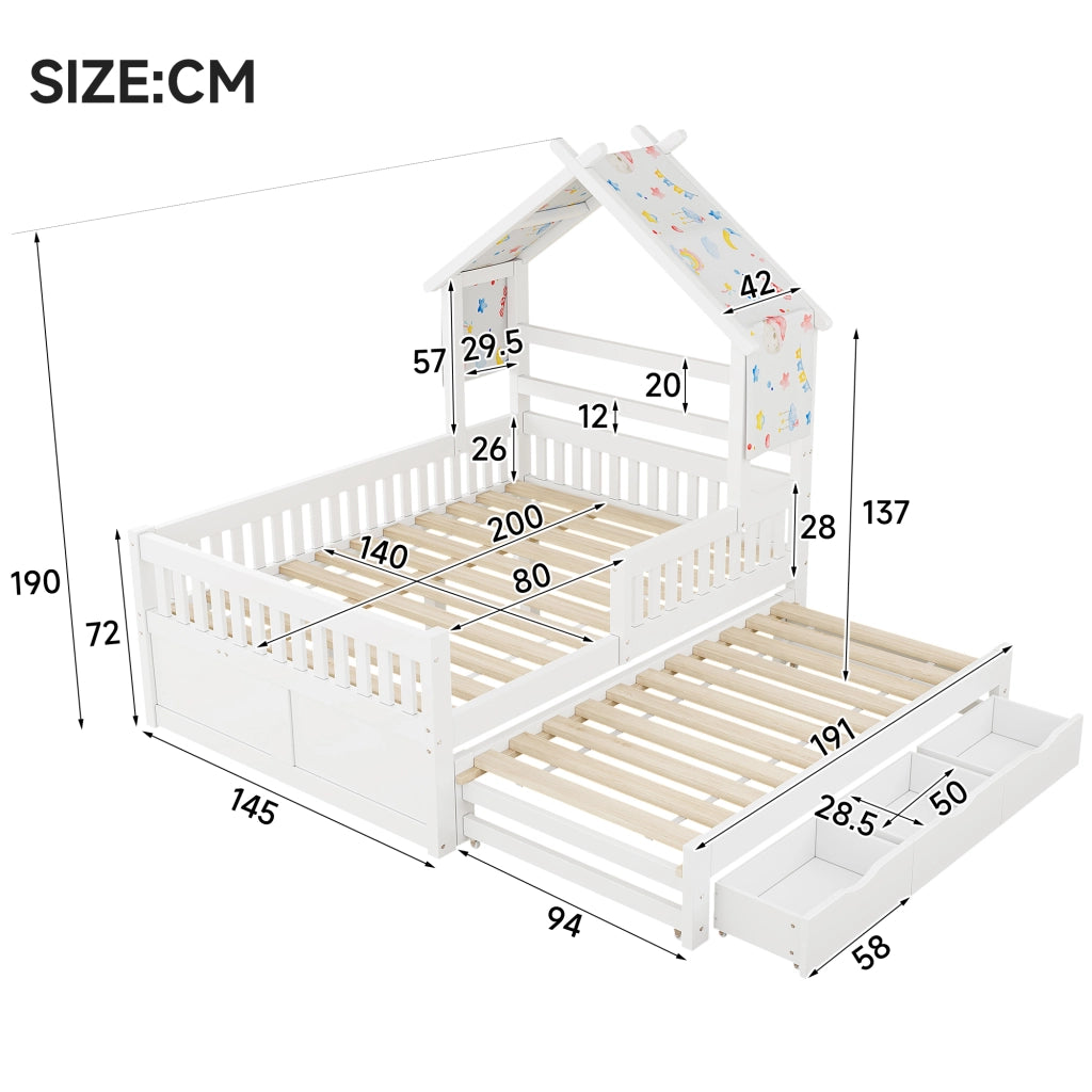 Letto a casetta 140 x 200 cm con letto estraibile; 3 cassetti e sponde di sicurezza; bianco
